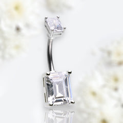 14G Silver Emerald Cut Clear Gem Belly Button Ring