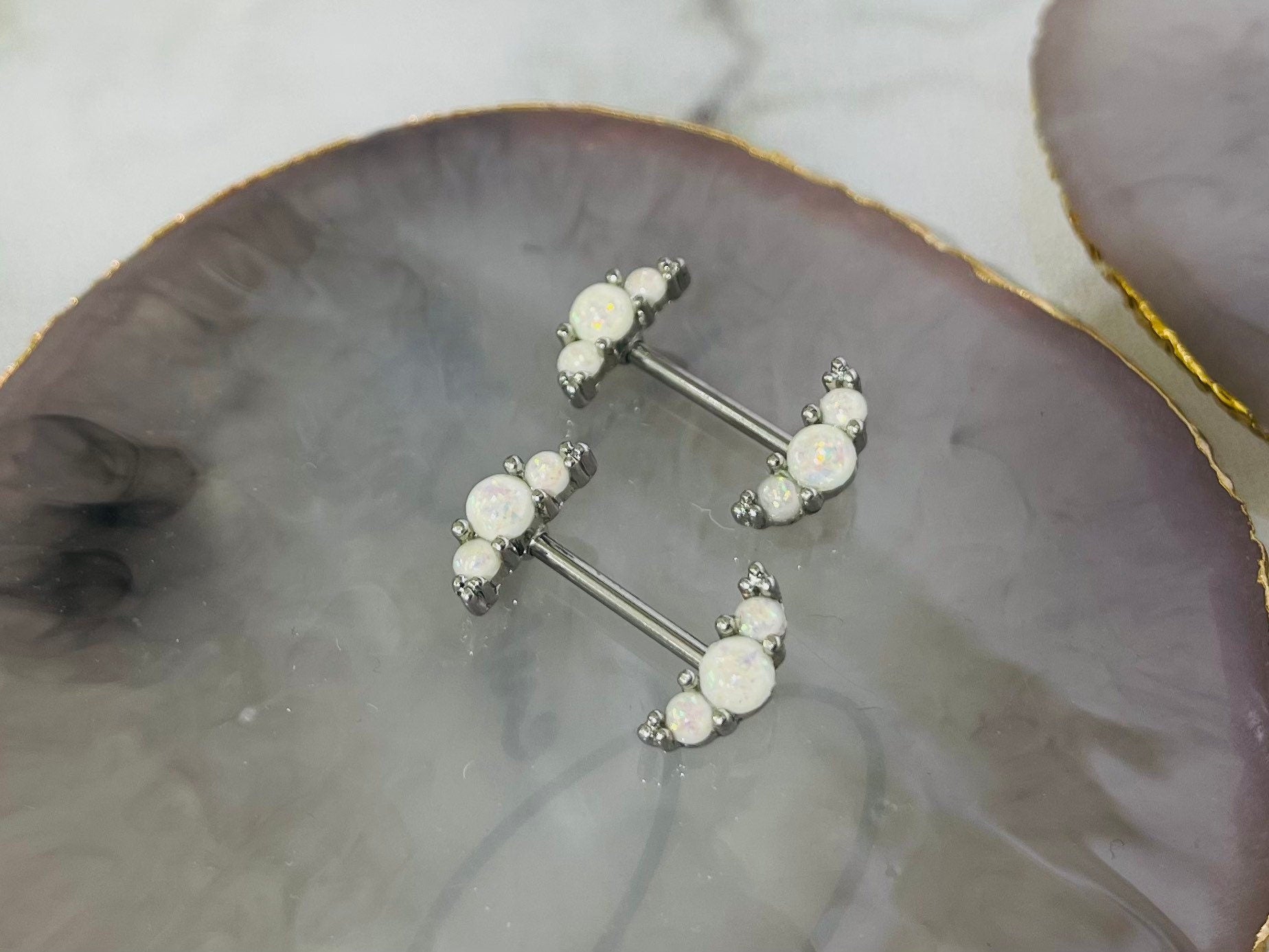 Pair of 14G Silver White Opal Ends Nipple Barbell