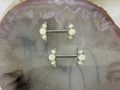 Pair of 14G Silver White Opal Ends Nipple Barbell