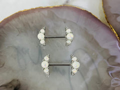 Pair of 14G Silver White Opal Ends Nipple Barbell