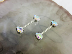 Pair of 14G Silver Teardrop Iridescent Gems Nipple Barbells. Nipple Rings. Nipple Piercing. Nipple Jewelry. Body Jewelry