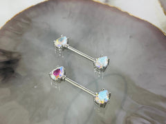 Pair of 14G Silver Teardrop Iridescent Gems Nipple Barbells. Nipple Rings. Nipple Piercing. Nipple Jewelry. Body Jewelry