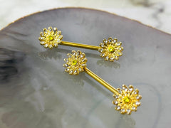 Pair of 14G Gold Daisy Flower with Clear Gems Nipple Barbell