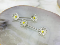 Pair of 14G Silver Daisy Flower with Clear Gems Nipple Barbell