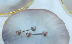 Pair of 14G Silver Heart Ends with Pink Gems Nipple Barbells