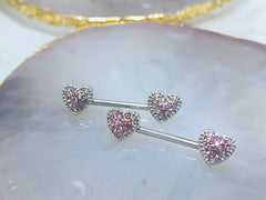 Pair of 14G Silver Heart Ends with Pink Gems Nipple Barbells