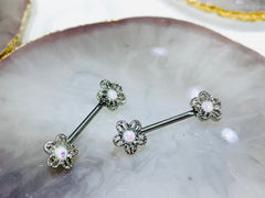 Pair of 14G Silver White Opal Center Flower Ends Nipple Barbell