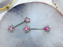 Pair of 14G Silver Pink Opal Center Flower Ends Nipple Barbell