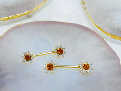 Pair of 14G Gold Clear Gems Sunflower Ends Nipple Barbells