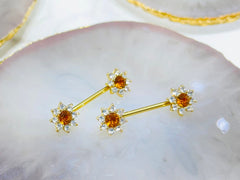 Pair of 14G Gold Clear Gems Sunflower Ends Nipple Barbells