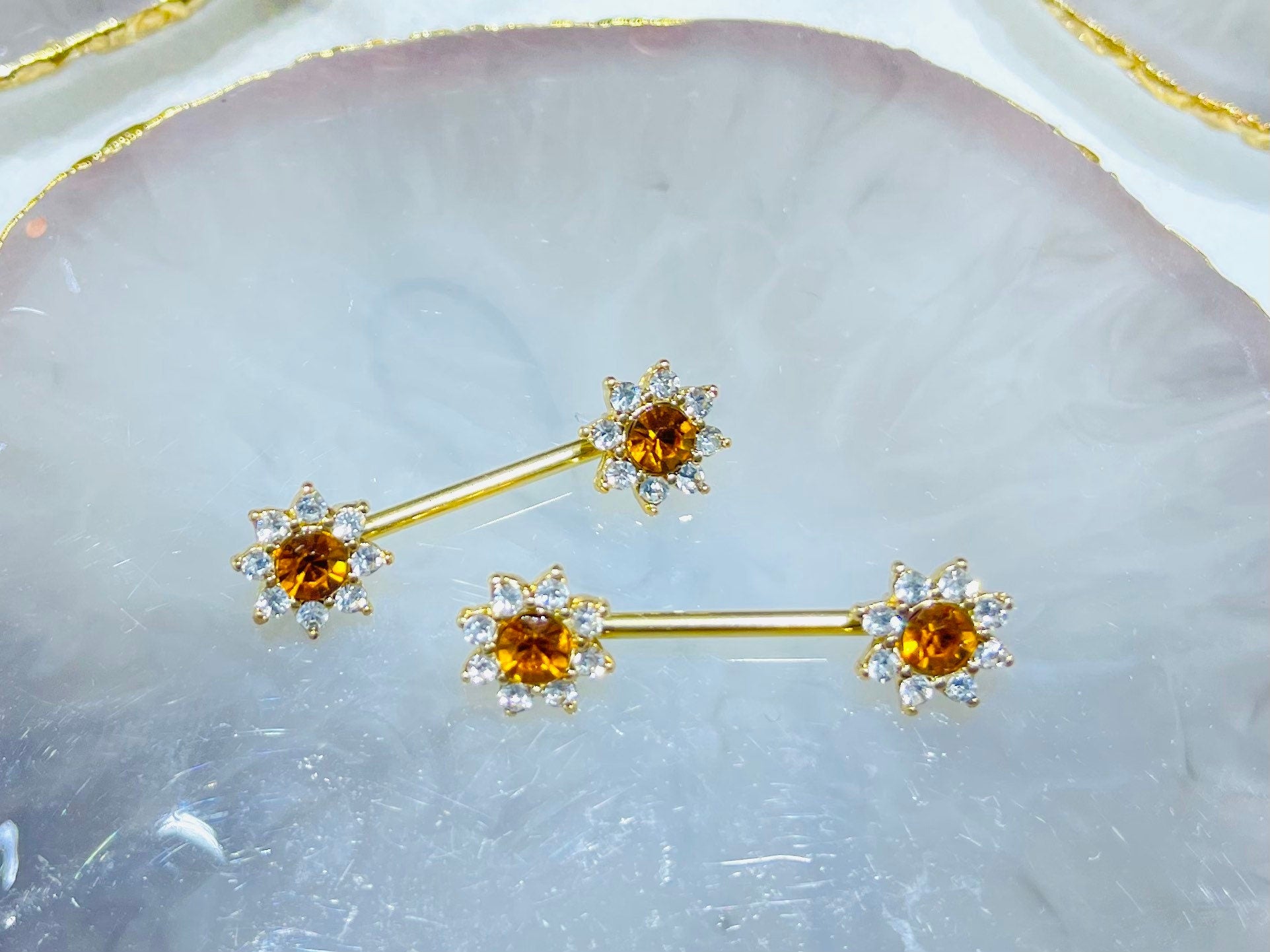 Pair of 14G Gold Clear Gems Sunflower Ends Nipple Barbells