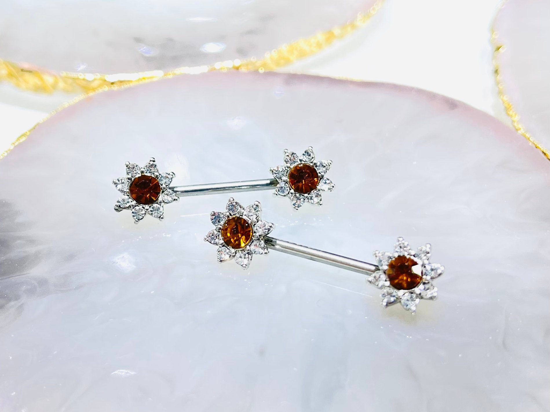 Pair of 14G Silver Clear Gems Sunflower Ends Nipple Barbells