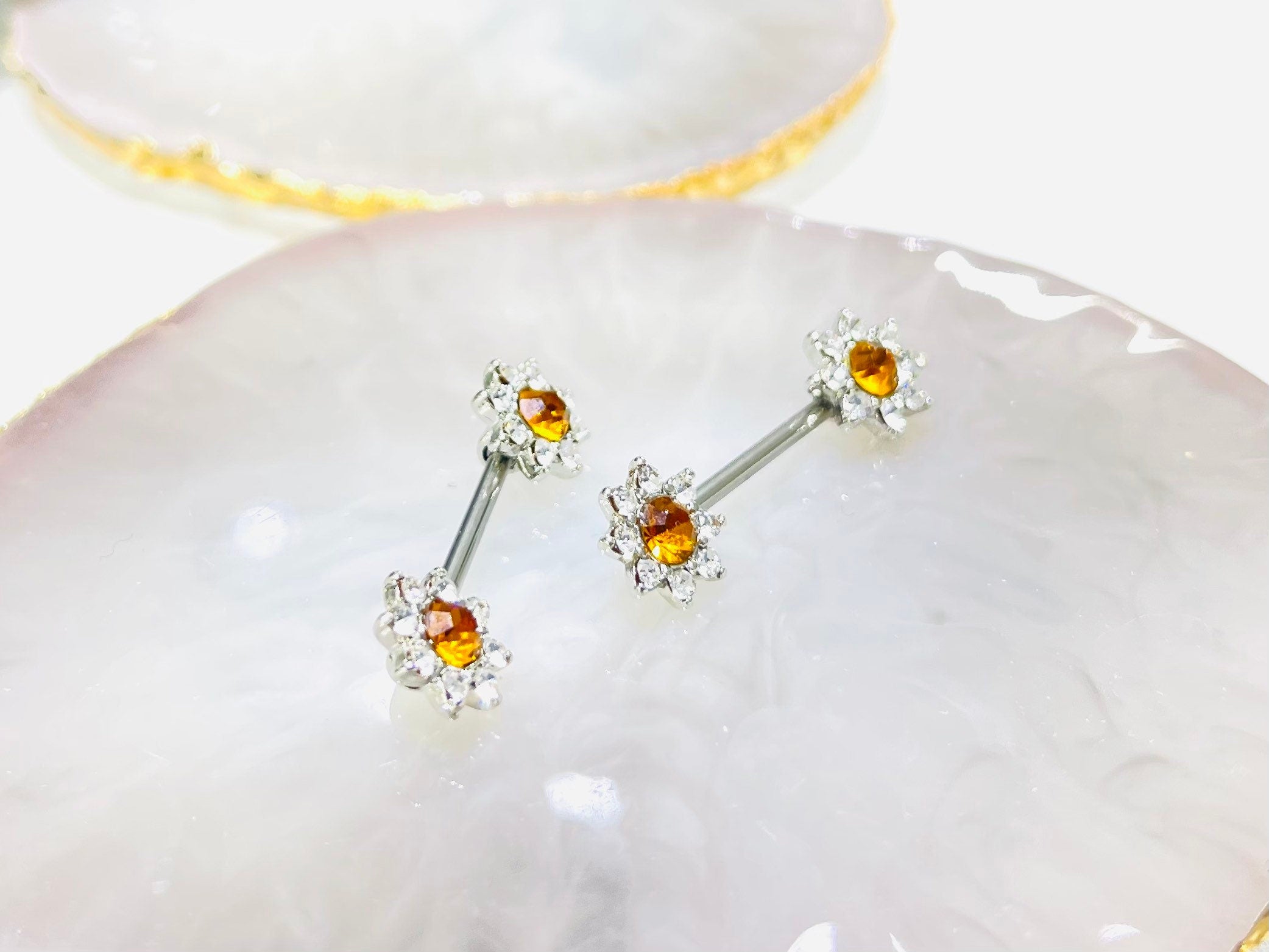 Pair of 14G Silver Clear Gems Sunflower Ends Nipple Barbells