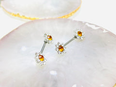 Pair of 14G Silver Clear Gems Sunflower Ends Nipple Barbells