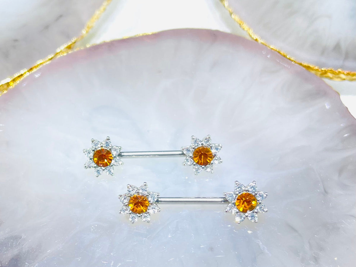 Pair of 14G Silver Clear Gems Sunflower Ends Nipple Barbells