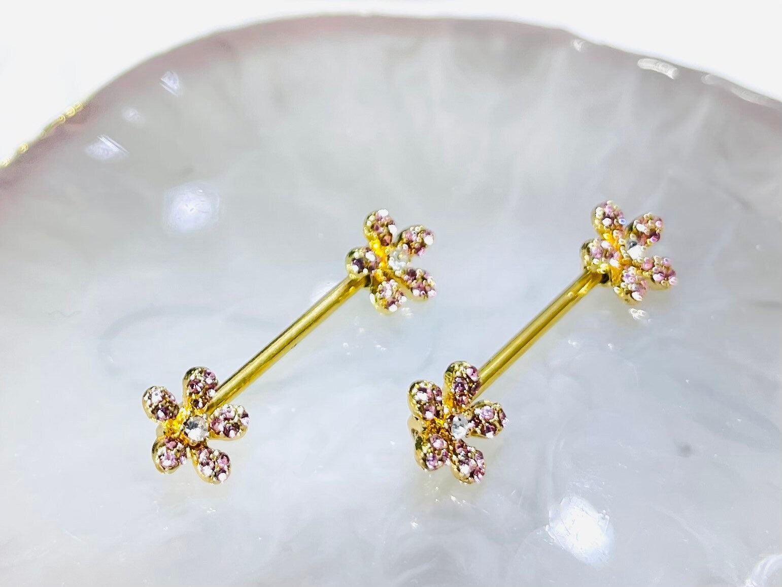 Pair of 14G Gold Sparkling Pink Flower Ends Nipple Barbell