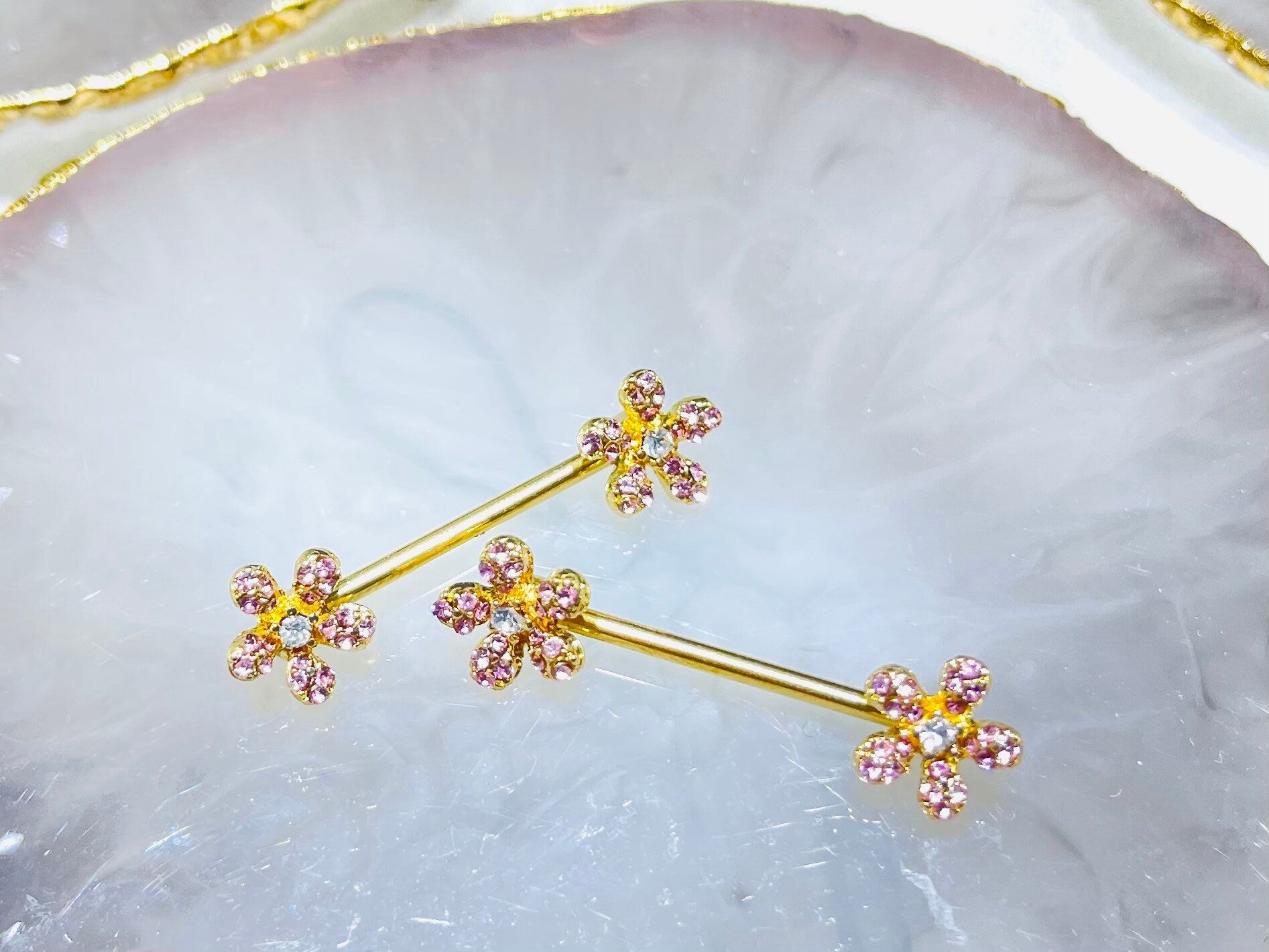 Pair of 14G Gold Sparkling Pink Flower Ends Nipple Barbell