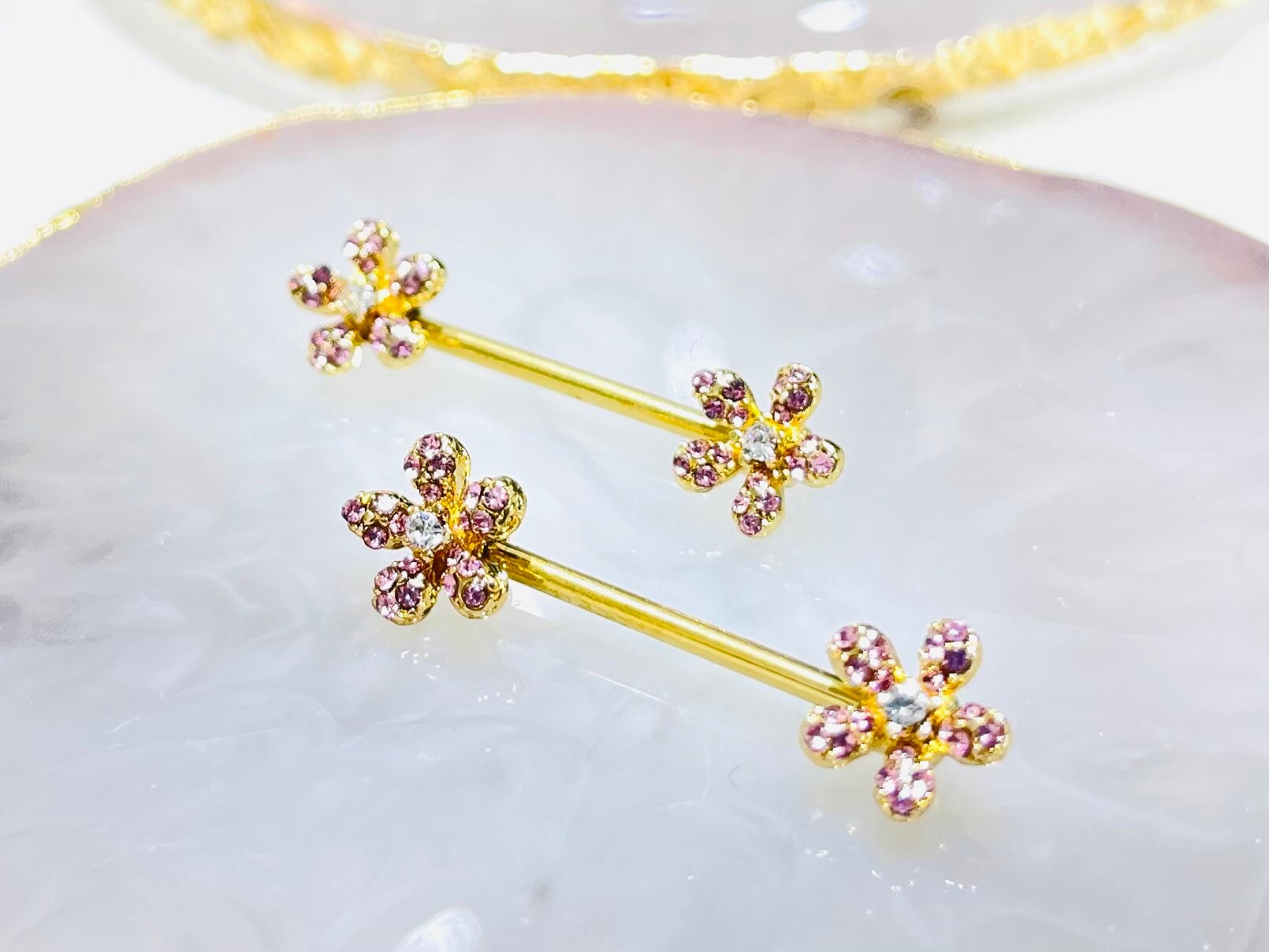 Pair of 14G Gold Sparkling Pink Flower Ends Nipple Barbell