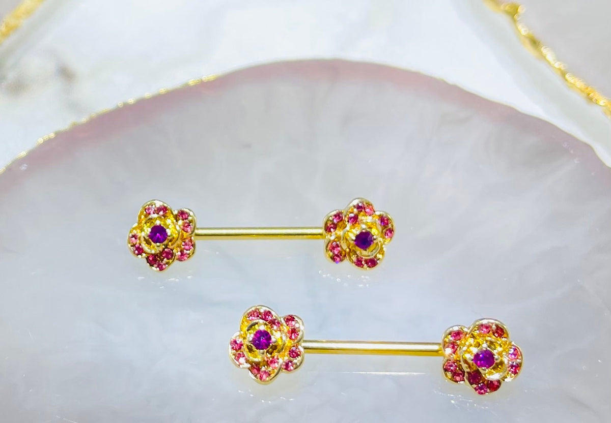 Pair of 14G Rose Ends with Pink Gems Nipple Barbells. Nipple Piercing. Nipple Jewelry