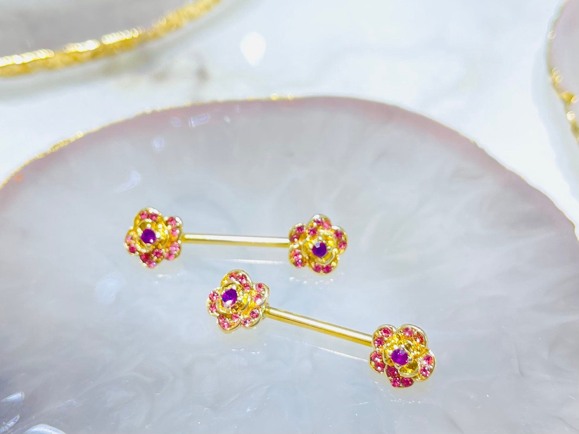 Pair of 14G Rose Ends with Pink Gems Nipple Barbells. Nipple Piercing. Nipple Jewelry