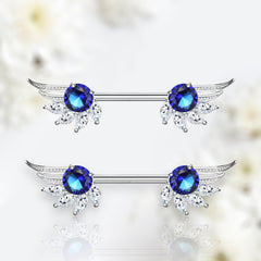 Pair of 14G Silver Angel Wings with Blue Center Stone Nipple Barbell. Nipple Piercing. Nipple Jewelry