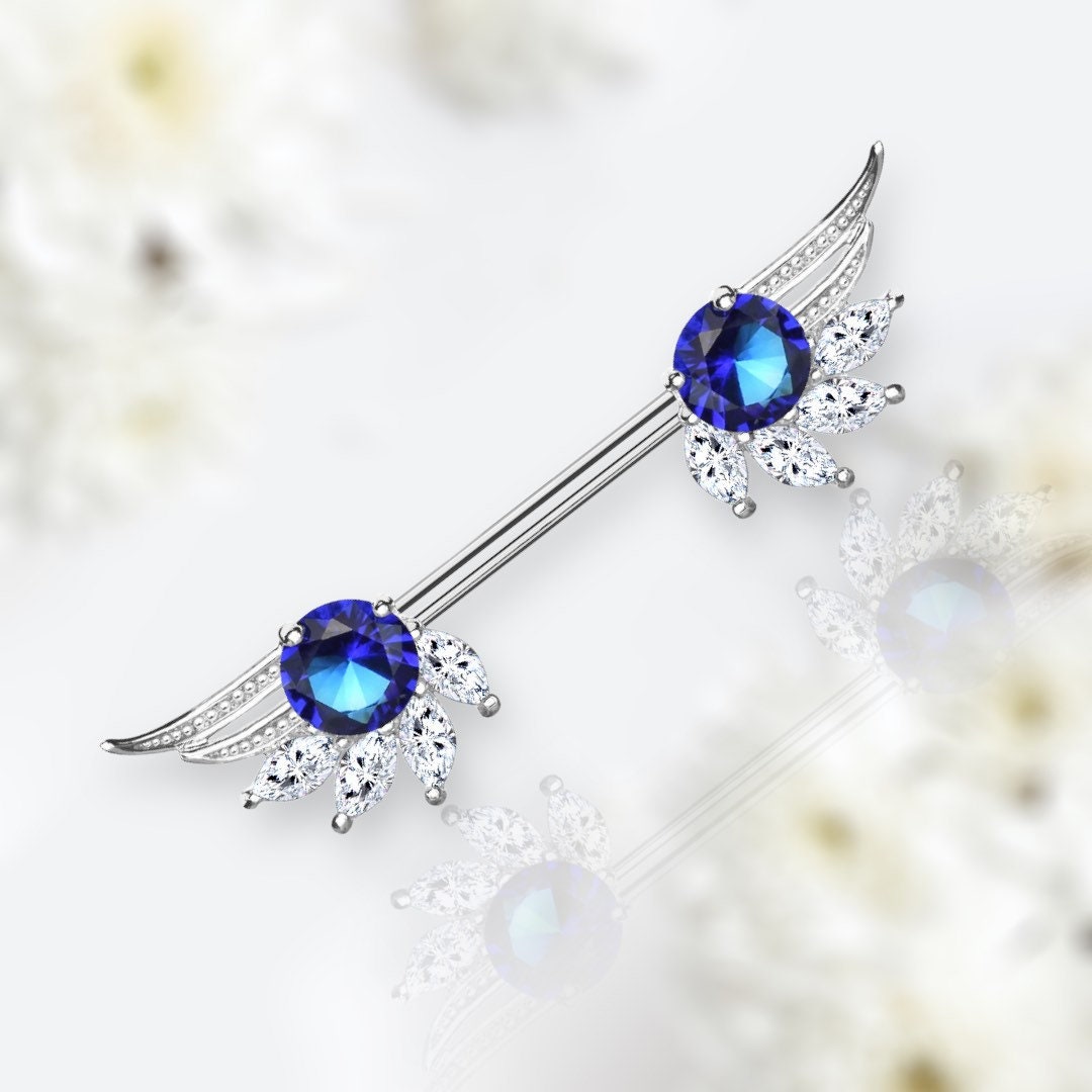 Pair of 14G Silver Angel Wings with Blue Center Stone Nipple Barbell. Nipple Piercing. Nipple Jewelry