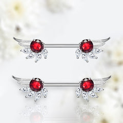 Pair of 14G Silver Angel Wings Red Stone Nipple Barbells. Nipple Piercing. Nipple Jewelry