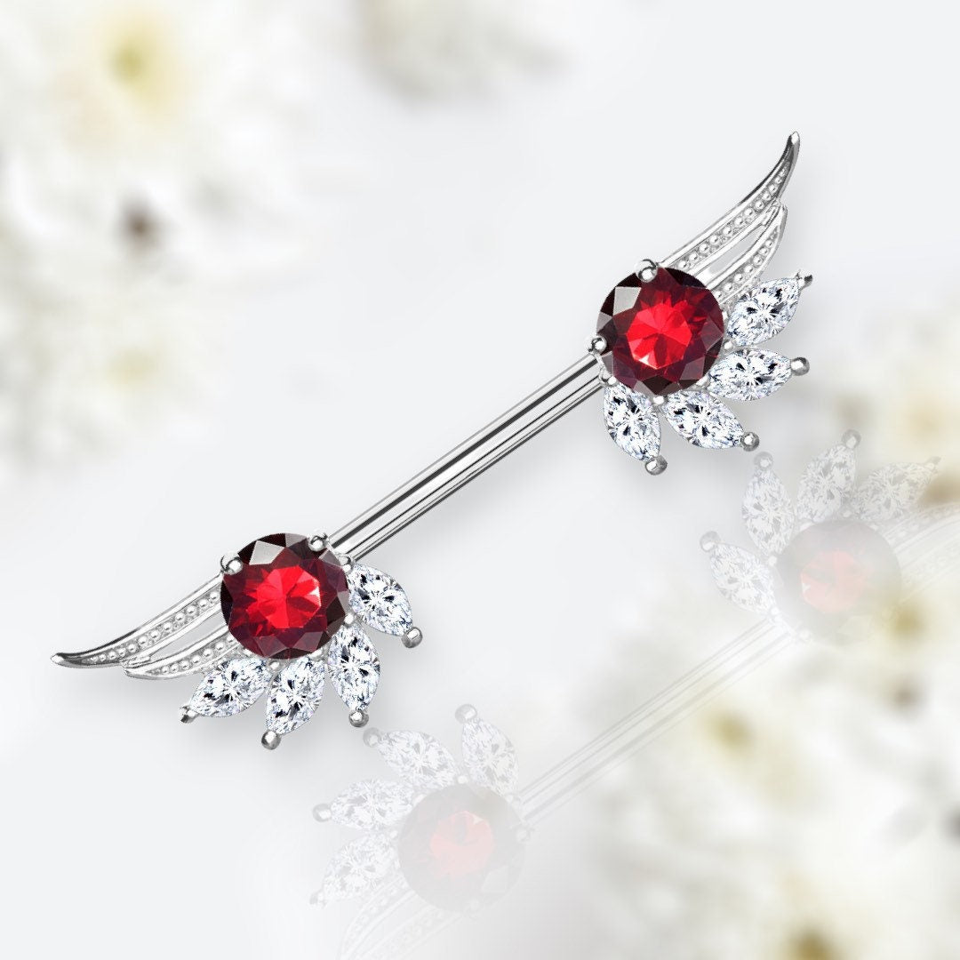 Pair of 14G Silver Angel Wings Red Stone Nipple Barbells. Nipple Piercing. Nipple Jewelry