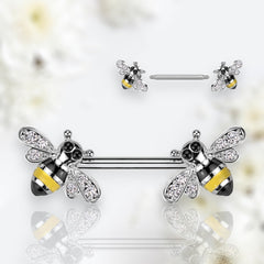 Silver Bees with Clear Gems Nipple Jewelry Barbells