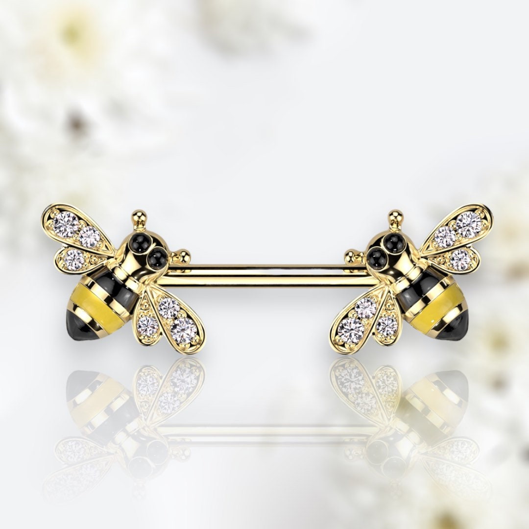 Pair of 14G Gold Bees with Clear Gems Nipple Barbells