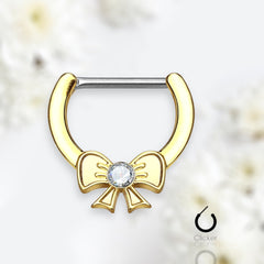 Pair of 14G Gold Clear Gem Ribbon Nipple Clicker Ring