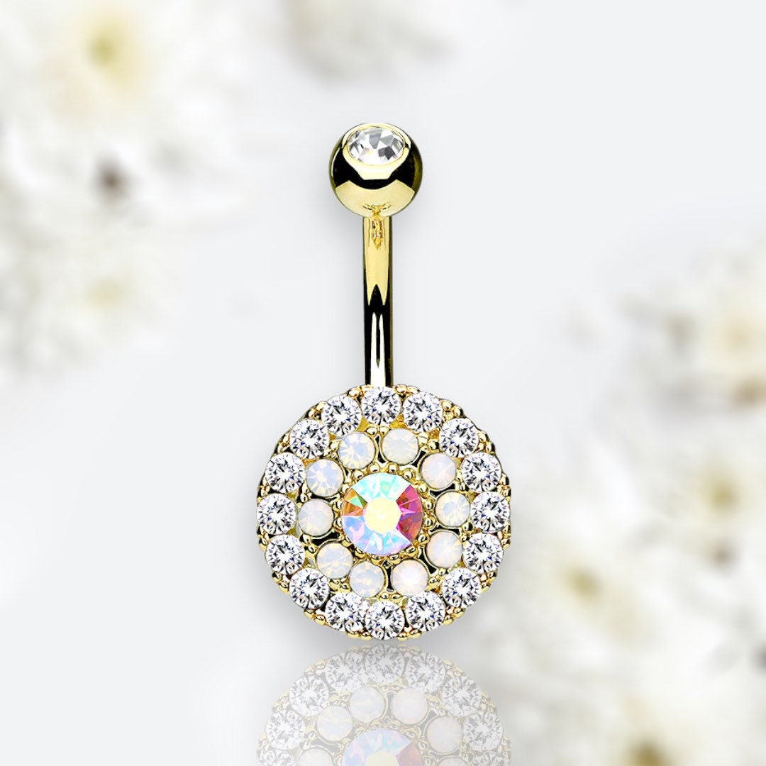 14G Gold Multi Tiered Sparkling Gems Iridescent Center Stone Belly Button Ring