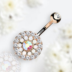 14G Rose Gold Multi Tiered Sparkling Gems Iridescent Center Stone Belly Button Ring