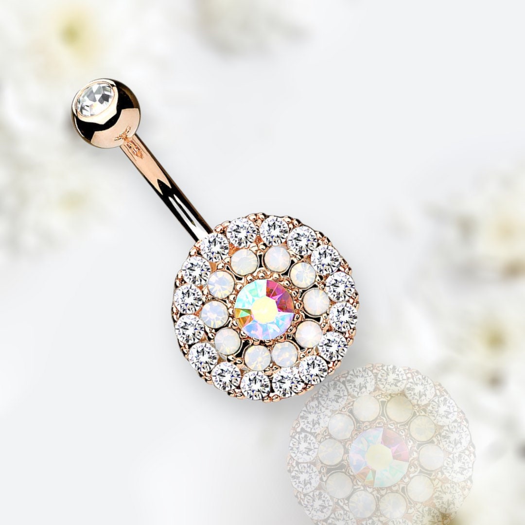 14G Rose Gold Multi Tiered Sparkling Gems Iridescent Center Stone Belly Button Ring