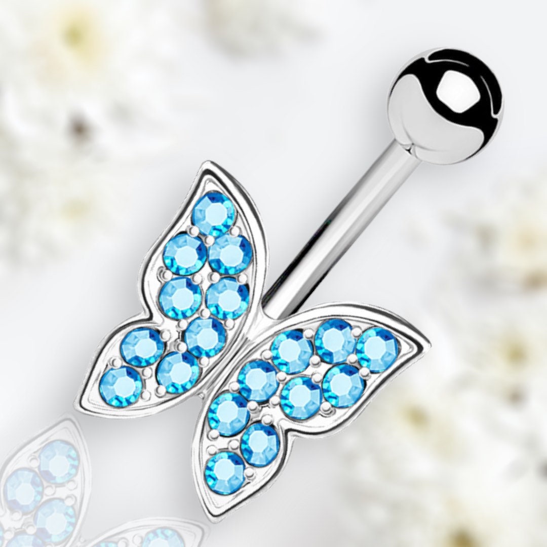 14G Silver Basic Blue Gems Butterfly Belly Button Ring