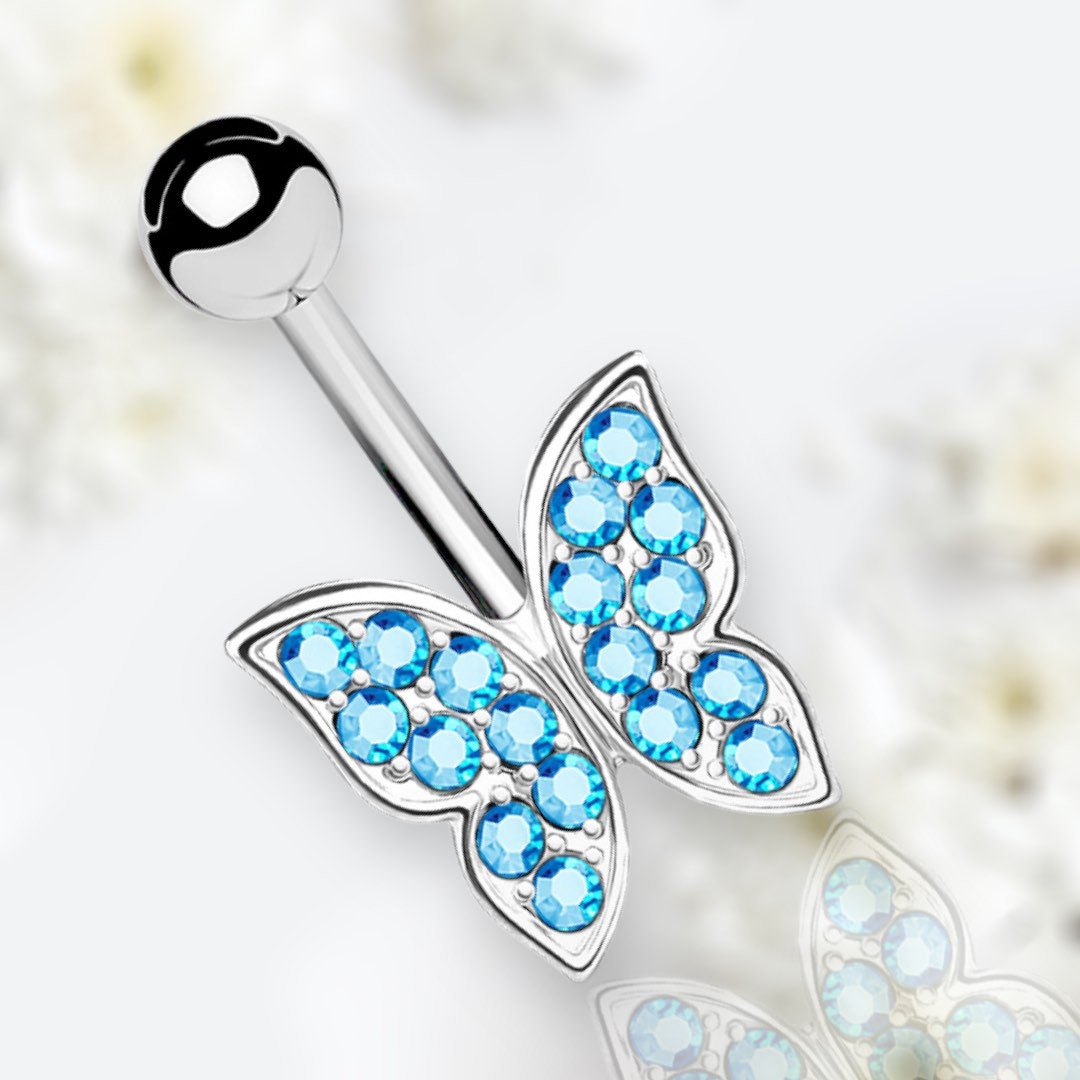 14G Silver Basic Blue Gems Butterfly Belly Button Ring