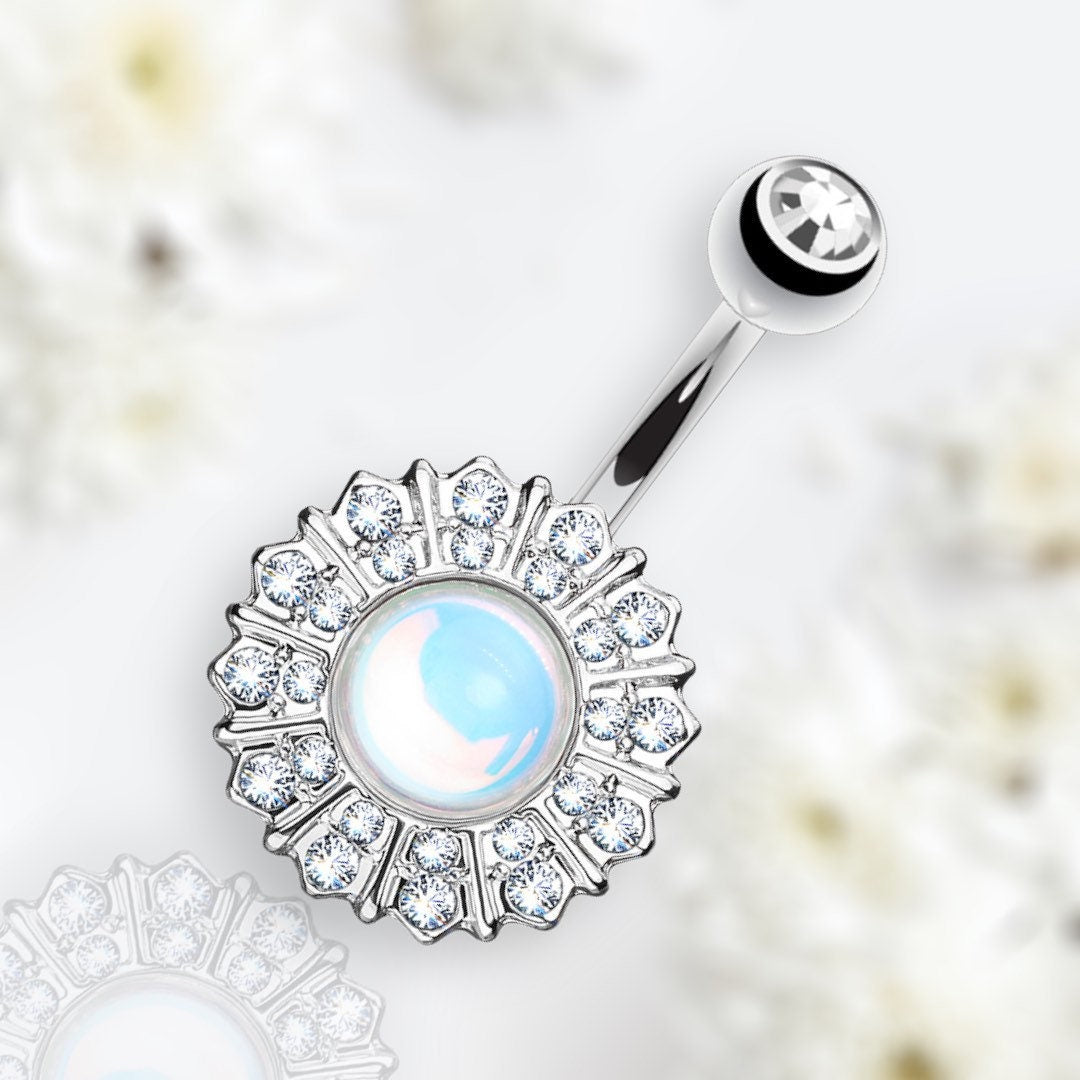 14G Silver White Flower Belly Button Ring