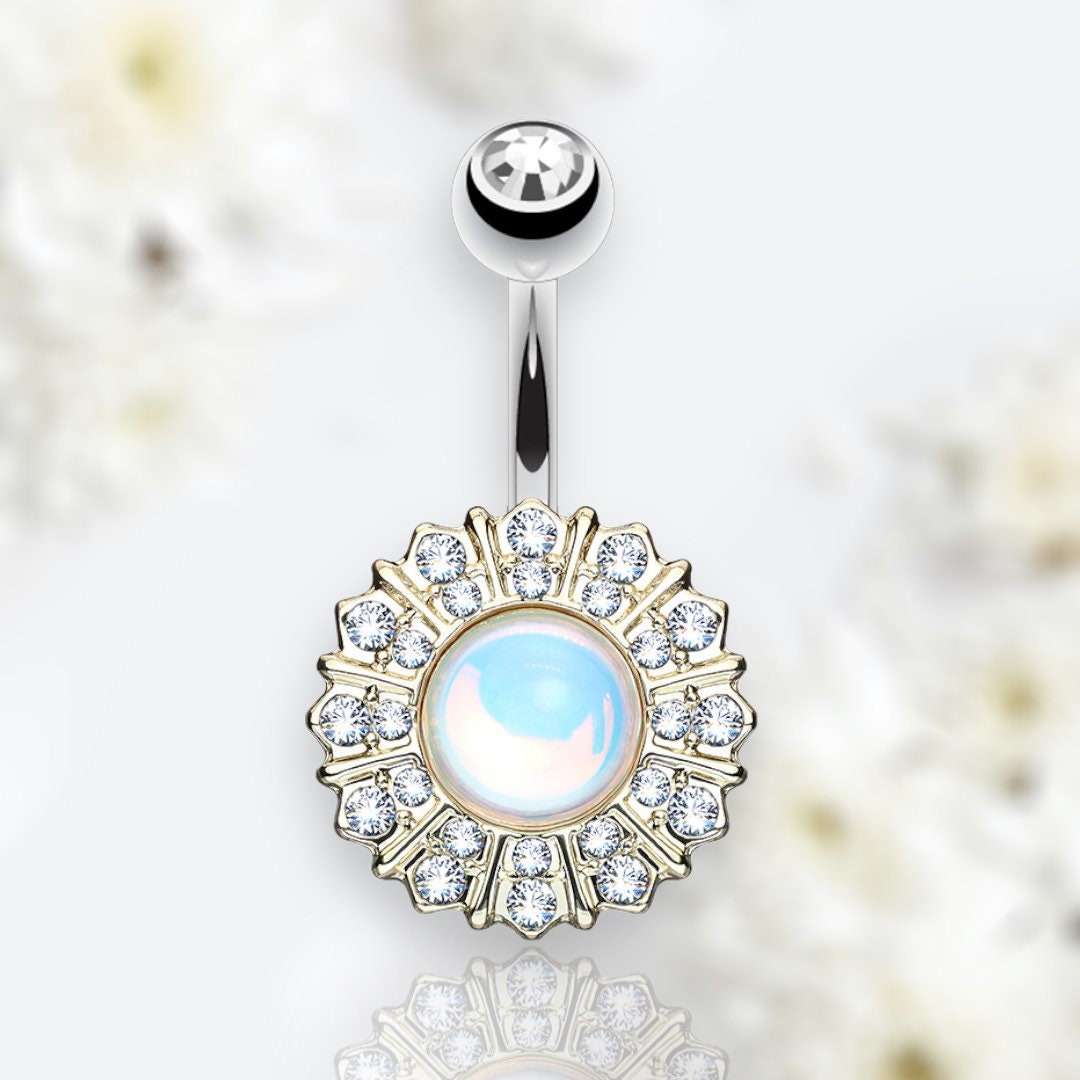 14G Gold White Flower Belly Button Ring