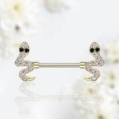 Pair of 14G Gold Snake with Clear Gems Nipple Barbells