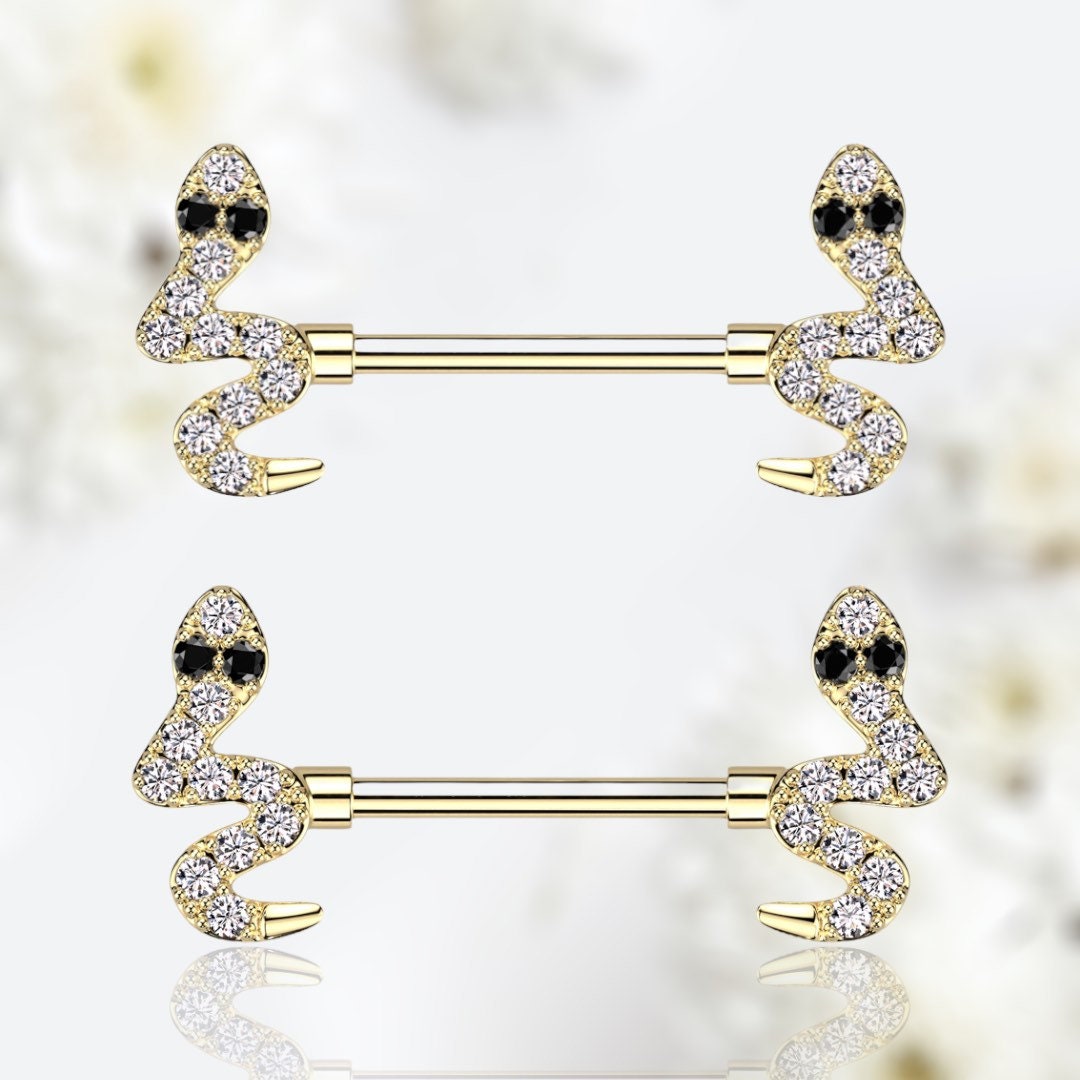 Pair of 14G Gold Snake with Clear Gems Nipple Barbells