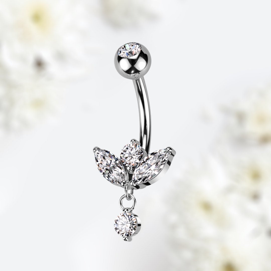 14G Silver Marquise Dangling Gem Belly Button Ring