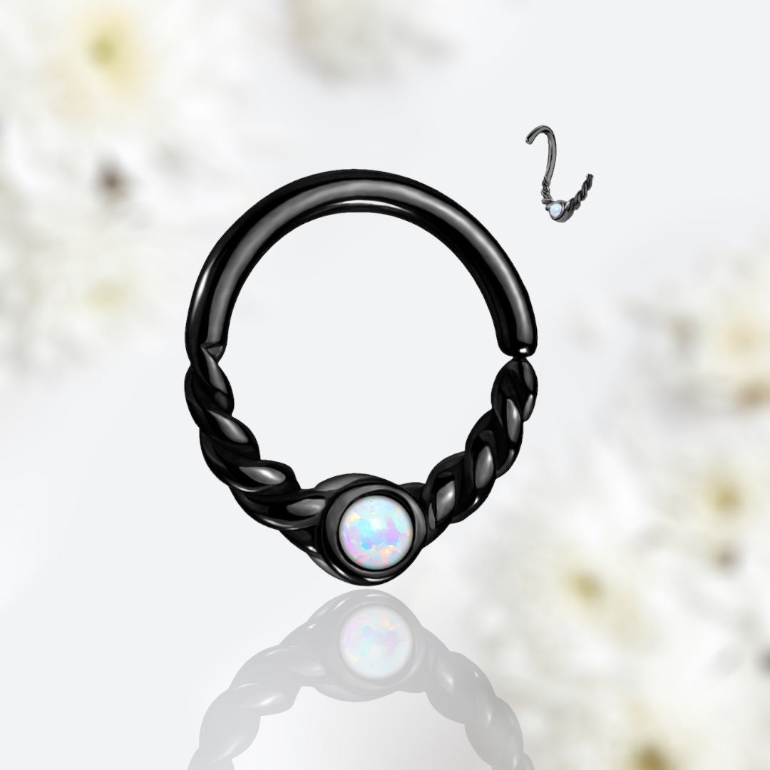 18G Dainty Black White Opal Center 8MM Bendable Hoop for Daith, Cartilage, Septum & More