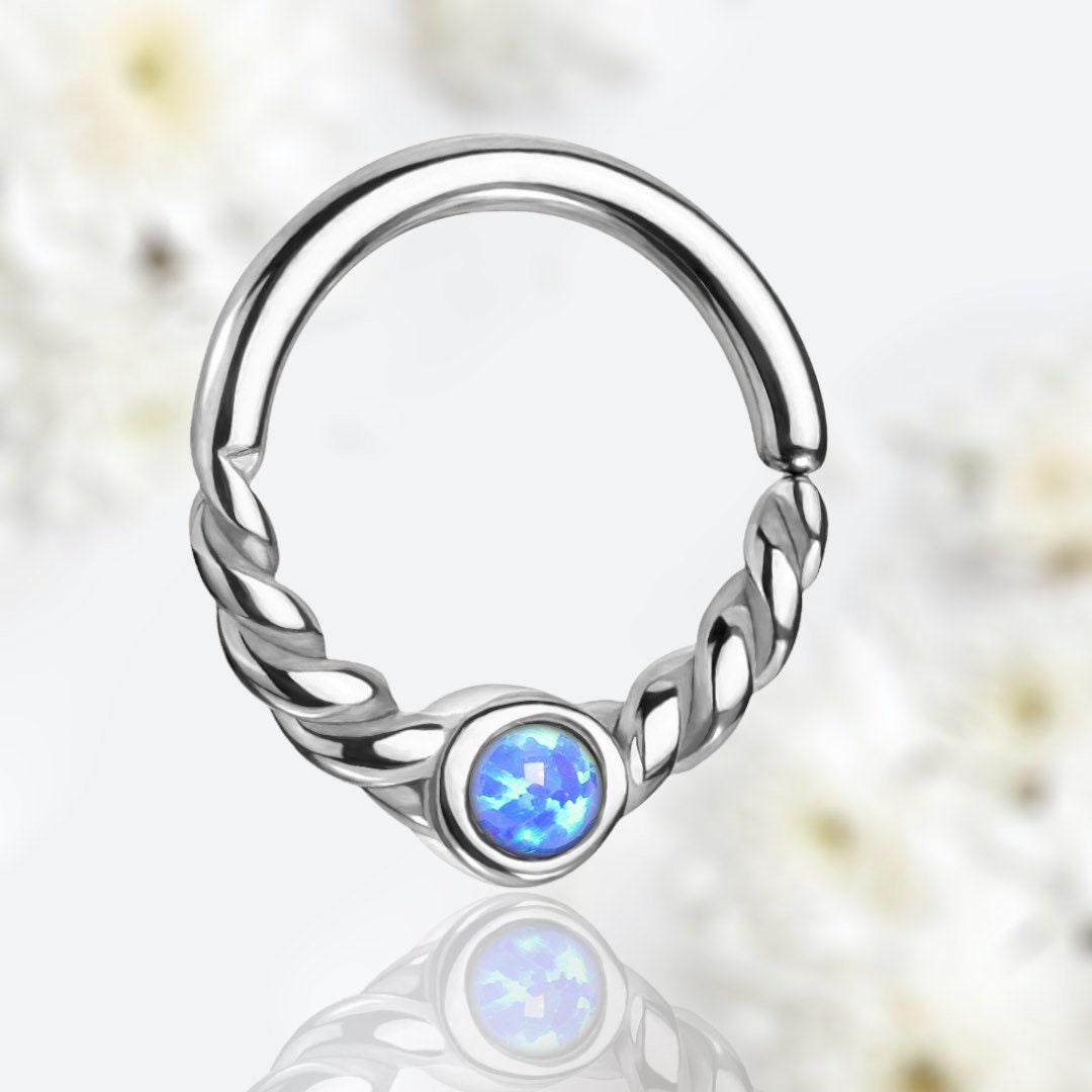 18G Dainty Silver Blue Opal Center 8MM Bendable Hoop for Daith, Cartilage, Septum & More