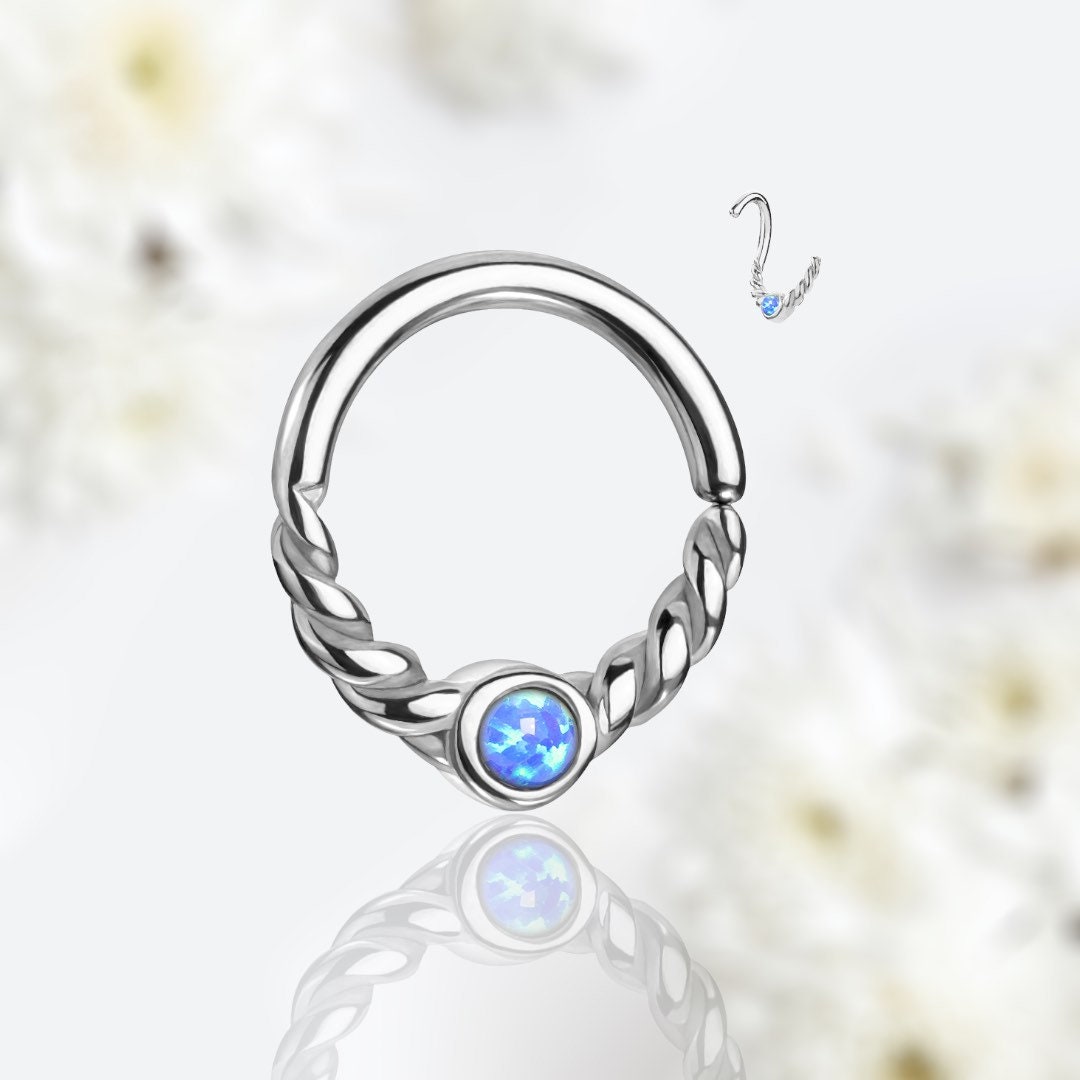 18G Dainty Silver Blue Opal Center 8MM Bendable Hoop for Daith, Cartilage, Septum & More