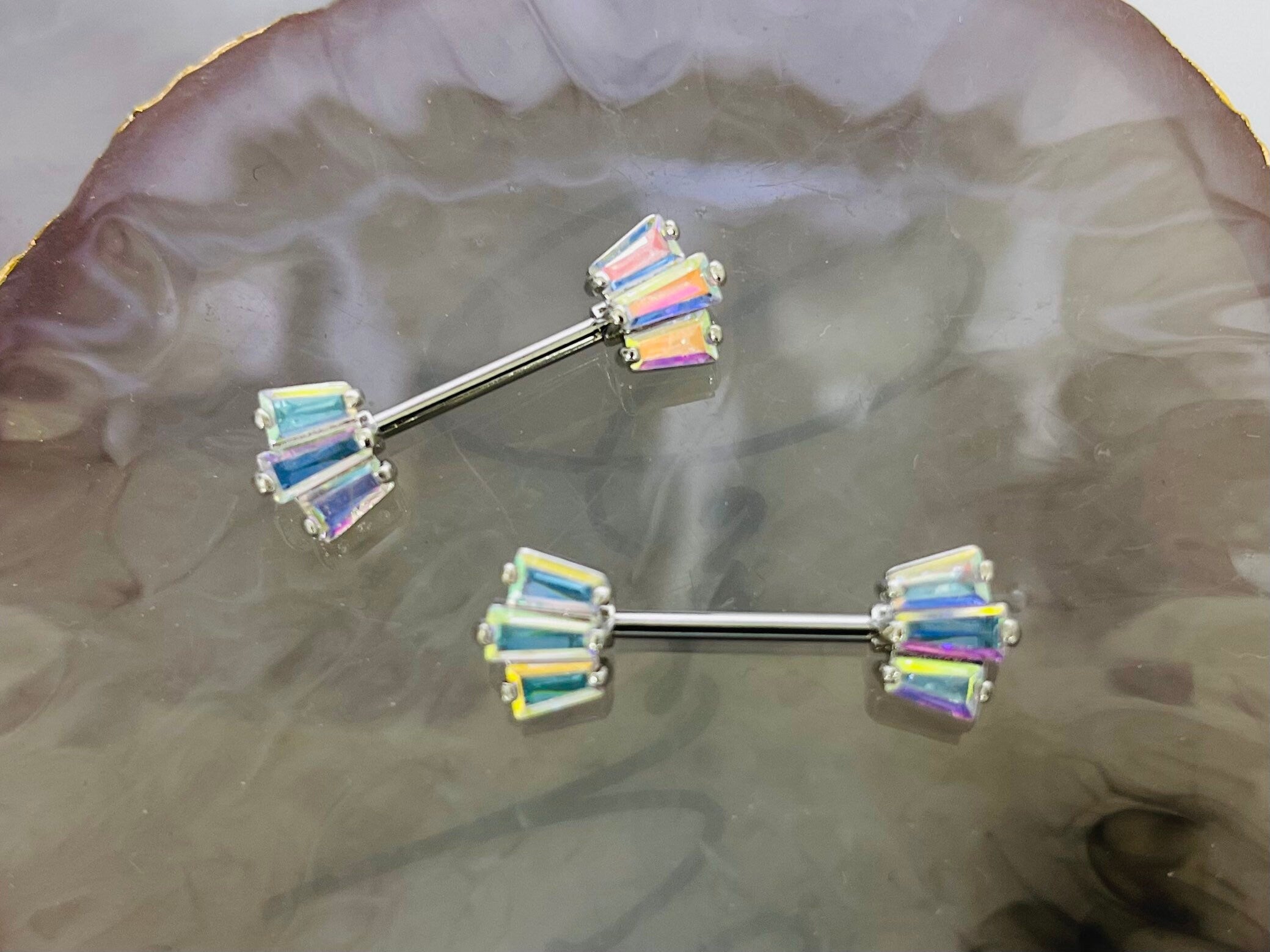 Pair of 14G Multicolor Color Gem Fan Nipple Barbell. Nipple Piercing. Nipple Jewelry. Nipple Rings