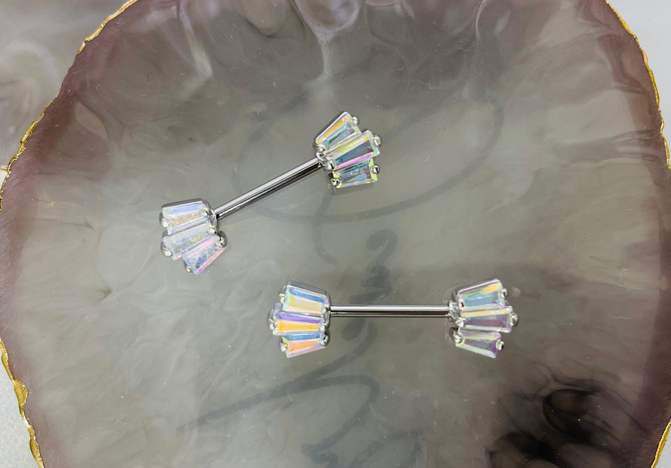 Pair of 14G Multicolor Color Gem Fan Nipple Barbell. Nipple Piercing. Nipple Jewelry. Nipple Rings