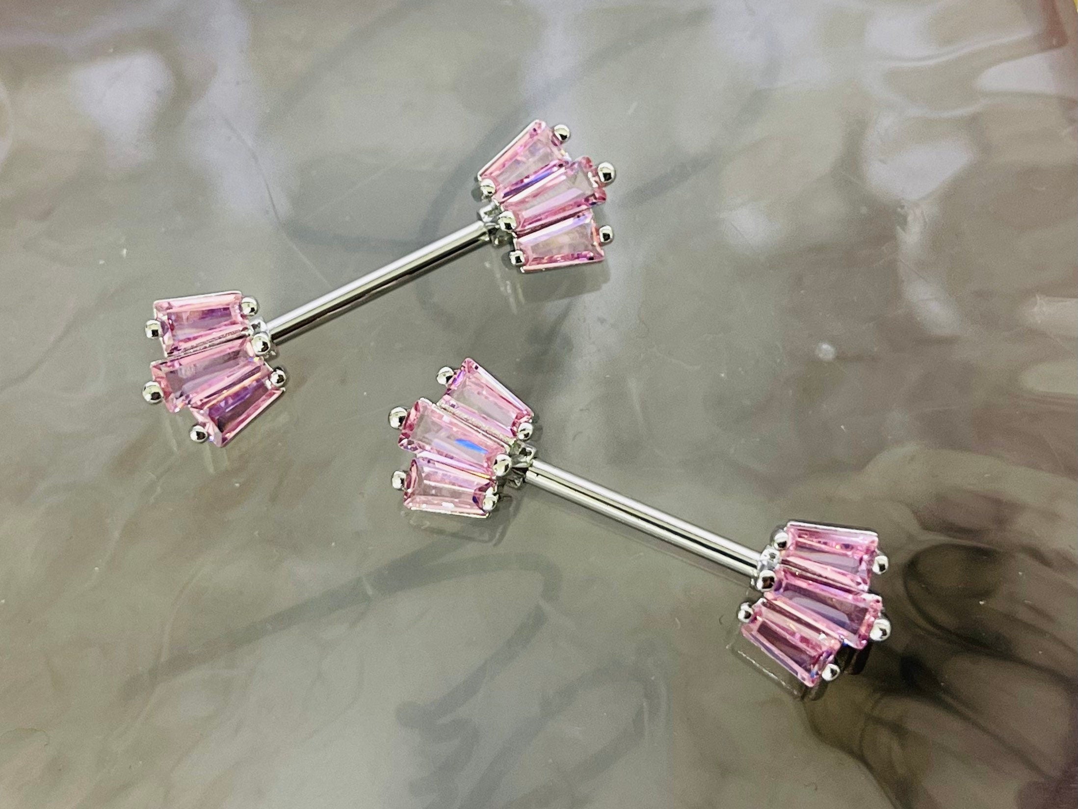 Pair of 14G Pink Fan Nipple Barbell Jewelry for Woman. Nipple Piercing. Nipple Jewelry. Nipple Rings