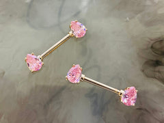 Pair of 14G Pink Teardrop Gems with Rose Gold Accent Nipple Barbells. Nipple Rings. Nipple Piercing. Nipple Jewelry.