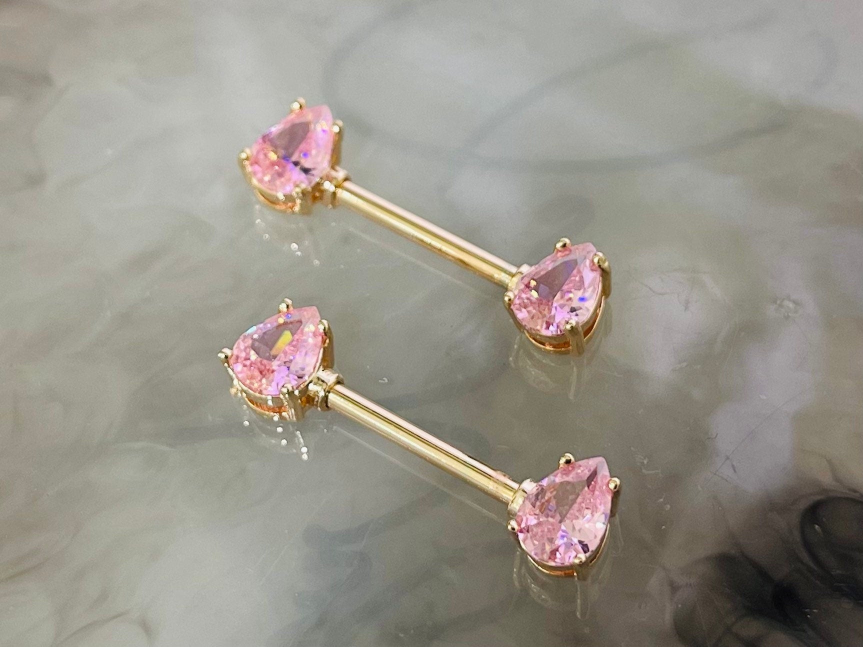 Pair of 14G Pink Teardrop Gems with Rose Gold Accent Nipple Barbells. Nipple Rings. Nipple Piercing. Nipple Jewelry.