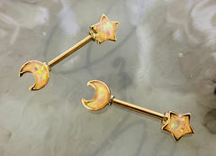 Pair of 14G Rose Gold Star and Crescent Moon with White Opal Glitter Nipple Barbell Ring. Nipple Piercings. Nipple Jewelry. Nipple Rings